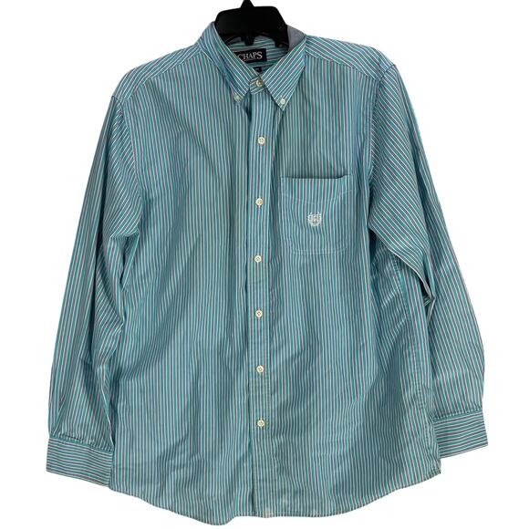 Vintage Chaps Button Up Shirt Size M Blue Striped Long Sleeve Easy Care STAINS - Picture 1 of 7